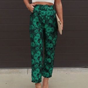 Jacquard Floral Pocketed Belted Green Pants